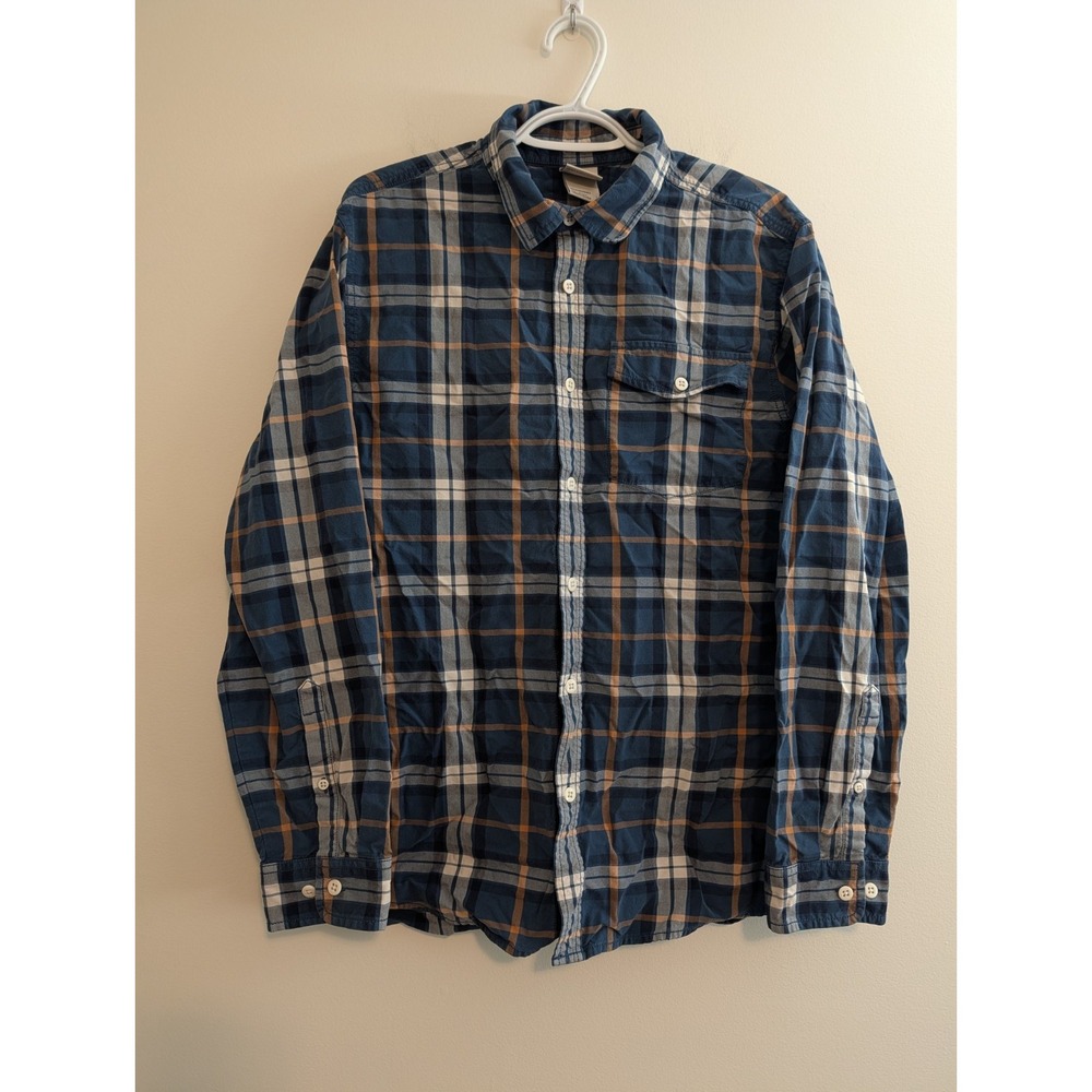 The North Face Button Up Shirt Mens Large Blue Plaid Flannel Heavy 100% Cotton